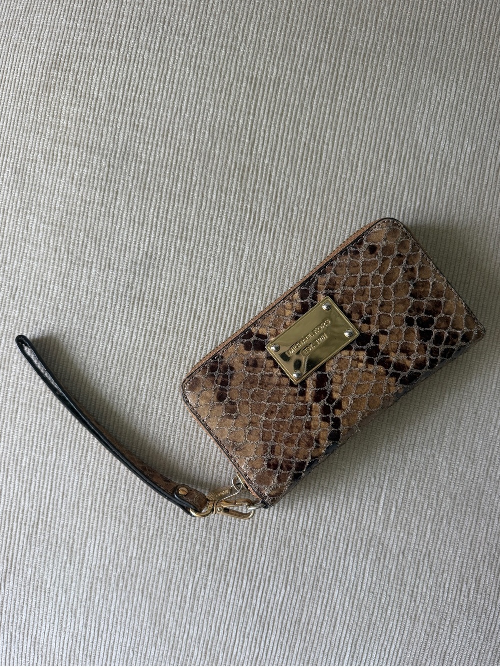 Michael Kors Brown Snake-Print Leather Wristlet Wallet